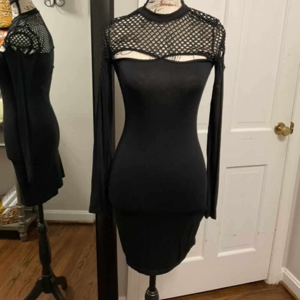 Black Shein Form Fitting Dress - Mesh Top, Size 6